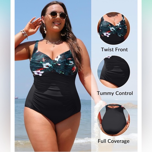 Women's V Neck One Piece Black Floral Swimsuit Monokini‎ NWT Size 14W - Picture 4 of 5